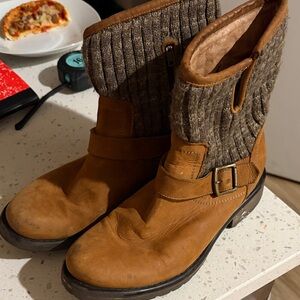 Brown Leather & Knit Ankle Boots with Buckle